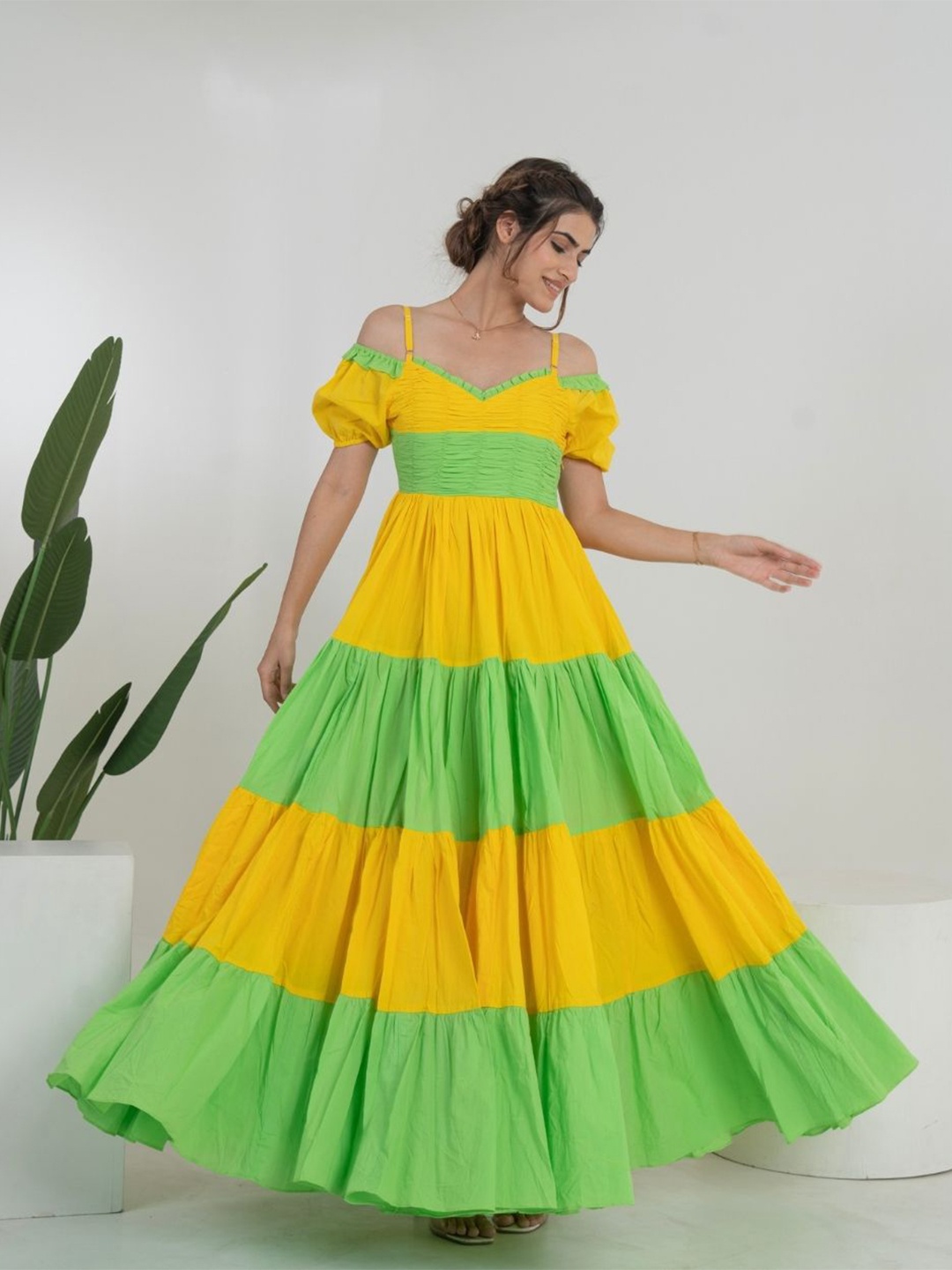 

KAJODI Cotton Colourblocked Tiered Maxi Dress, Yellow