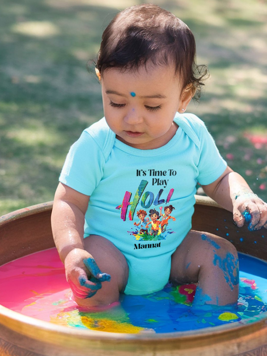 

FFLIRTYGO Infants Holi Printed Cotton Bodysuit, Turquoise blue