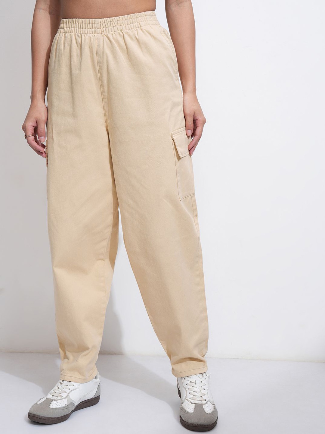 

Tokyo Talkies Women Mom Fit Pleated Cargos Trousers, Yellow