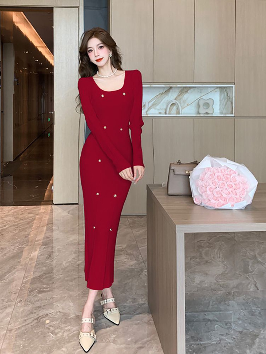 

StyleCast x Revolte Applique Bodycon Maxi Dress, Red