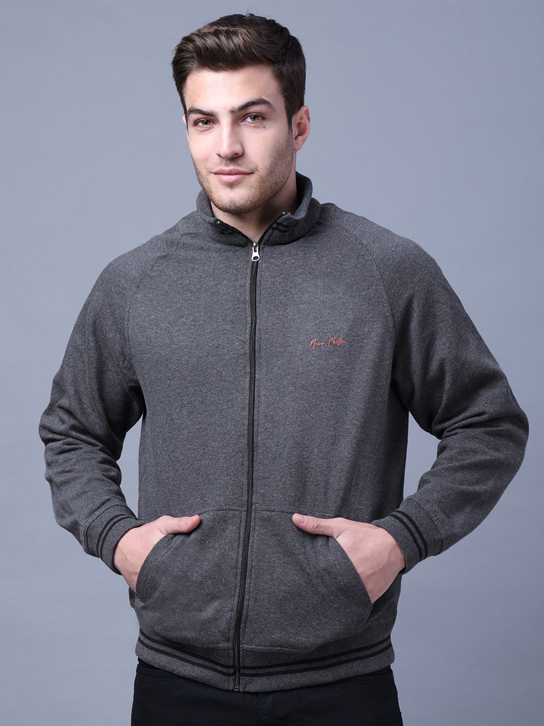 

NEON CHILLIE Men Regular Fit Ribbed High Neck Sweatshirt, Grey