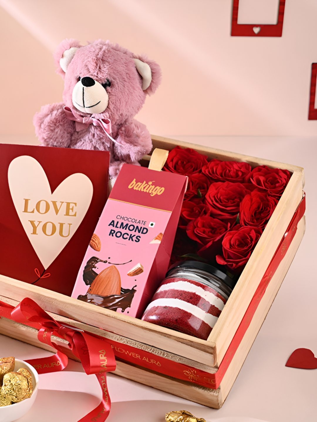 

Floweraura 5Pcs Rose Teddy cake & Chocolate Valentines Gifts Set, Red