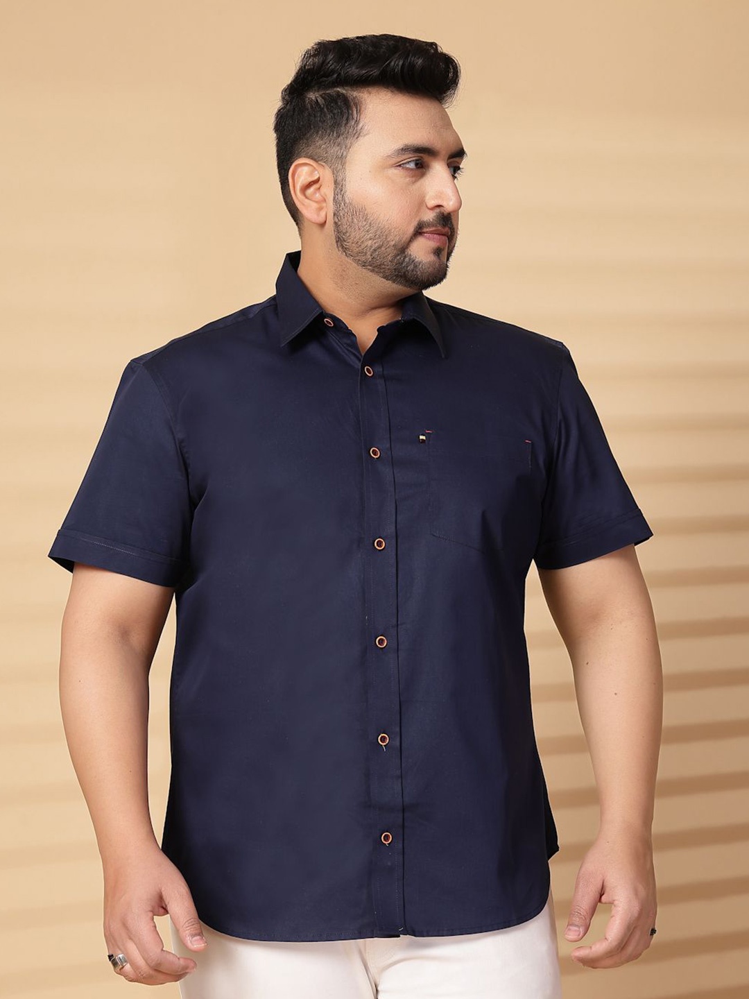 

plusS Men Plus Size Oversized Fit Spread Collar Solid Cotton Casual Shirt, Navy blue