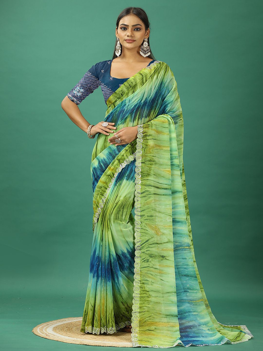 

NIRMAL CREATION Beads and Stones Pure Georgette Saree, Blue