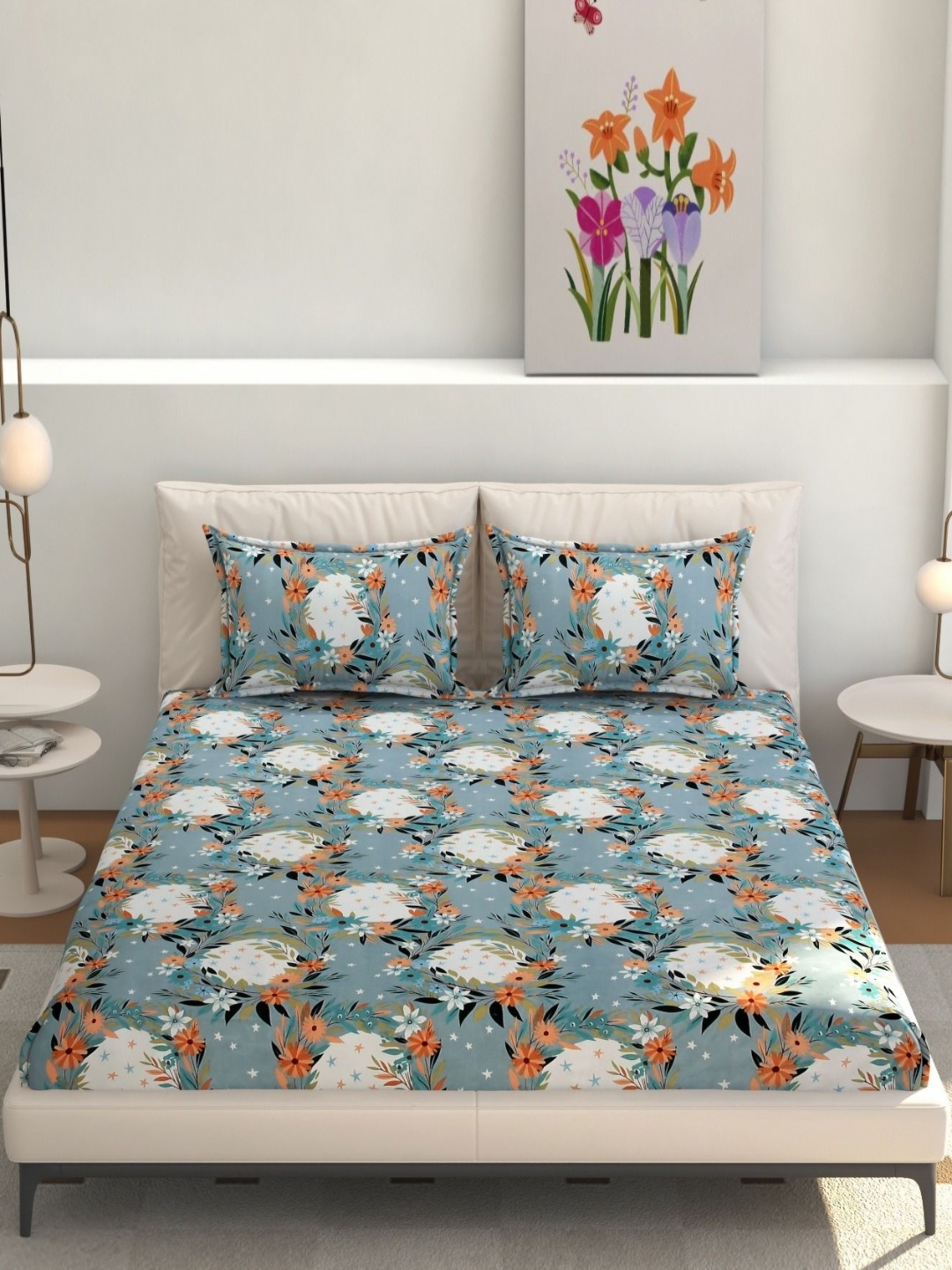 

Jizzby Blue & White Printed 240 TC Cotton Queen Bedsheet Set 2.28 m x 2.54 m