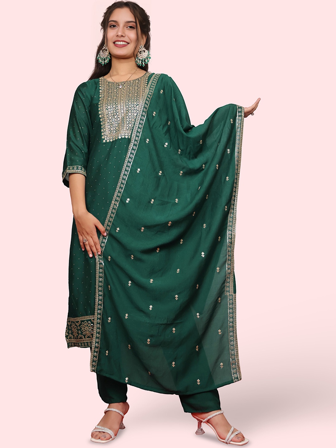 

Shreekama Women Ethnic Motifs Embroidered Regular Kurta with Palazzos & With Dupatta, Green