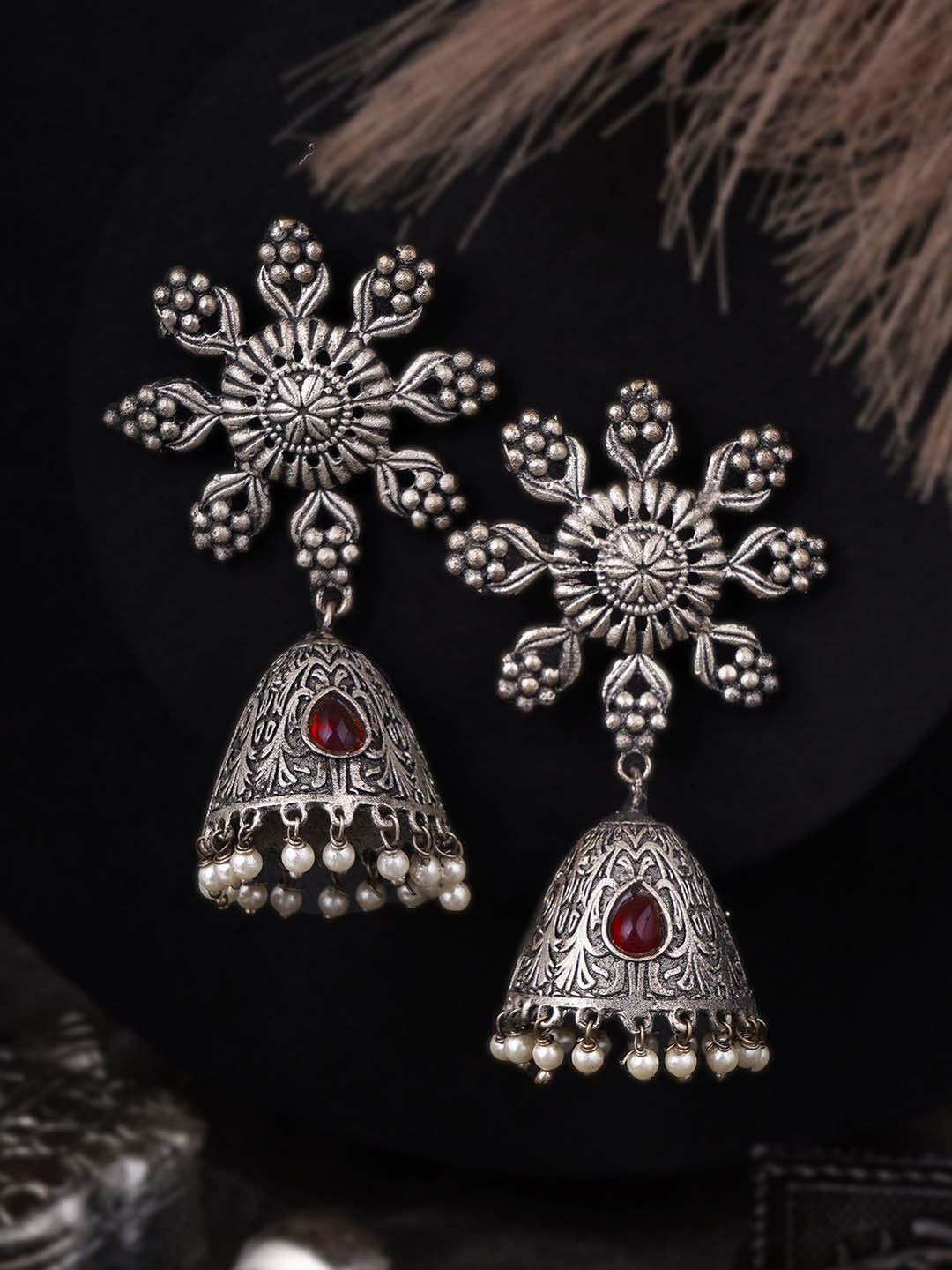 

Sangria Red Silver-Plated Artificial Stones Studded And Beaded Floral Oxidised Jhumkas