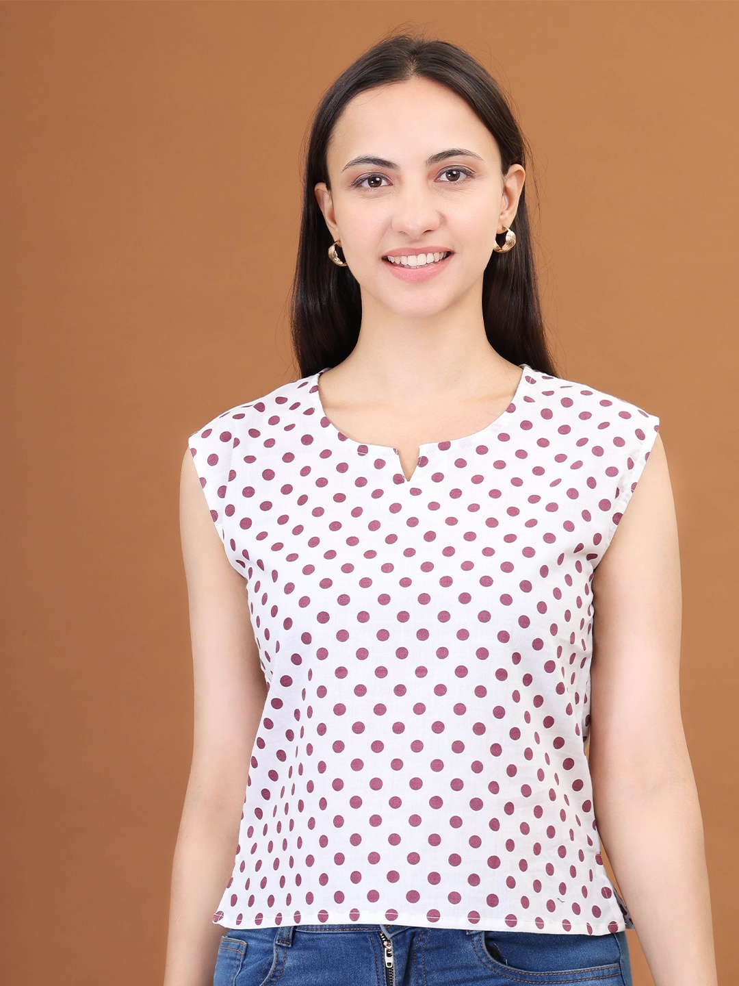 

Moda Rapido Women Polka Dot Printed Cotton Top, White