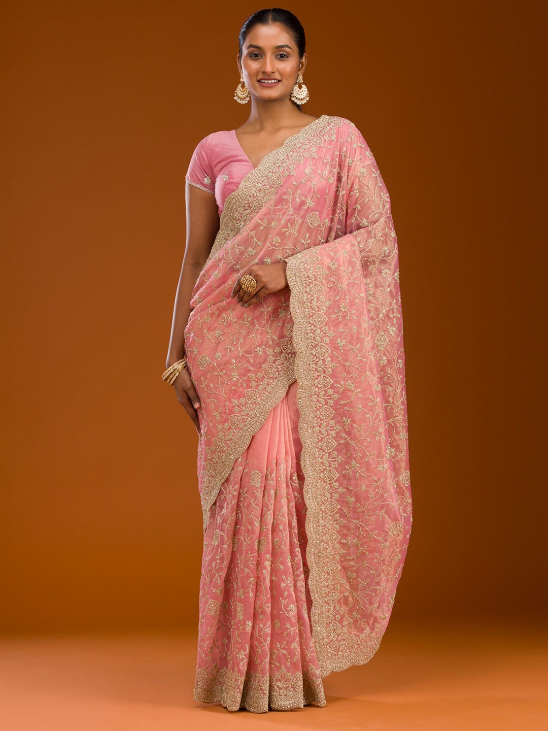 

Koskii Baby Pink Sequins Tissue Saree