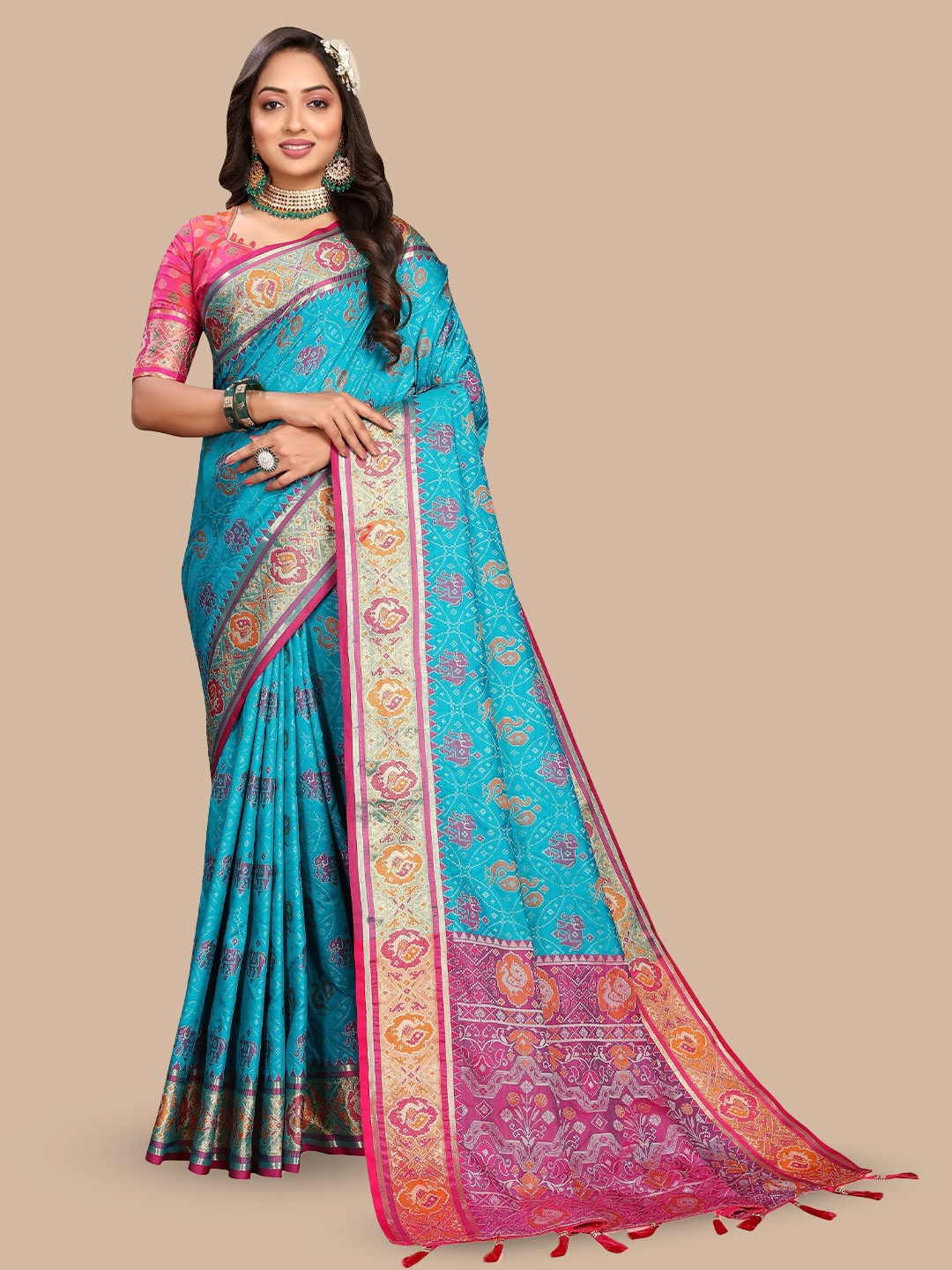 

bansari textiles Woven Design Zari Patola Saree, Blue