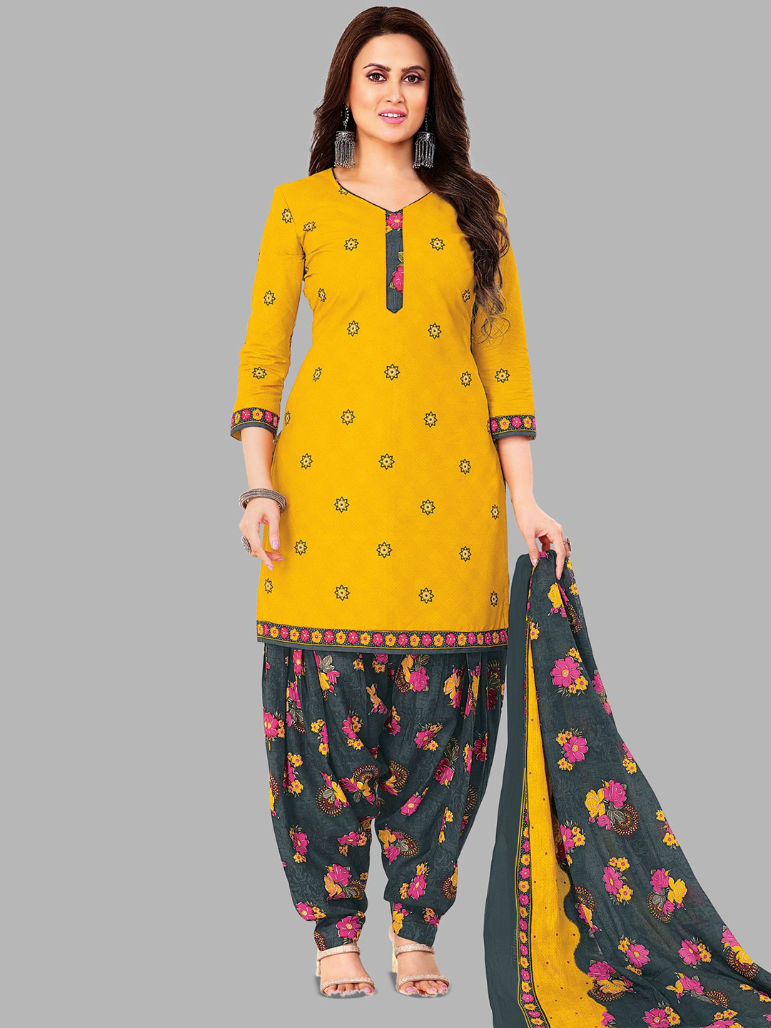 

Simmu Floral Printed Pure Cotton Unstitched Dress Material, Yellow