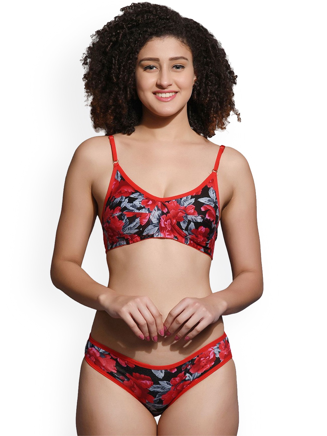 

chia fashions Women Floral Printed Non Padded Lingerie Set - CHFS-333-RED-30B