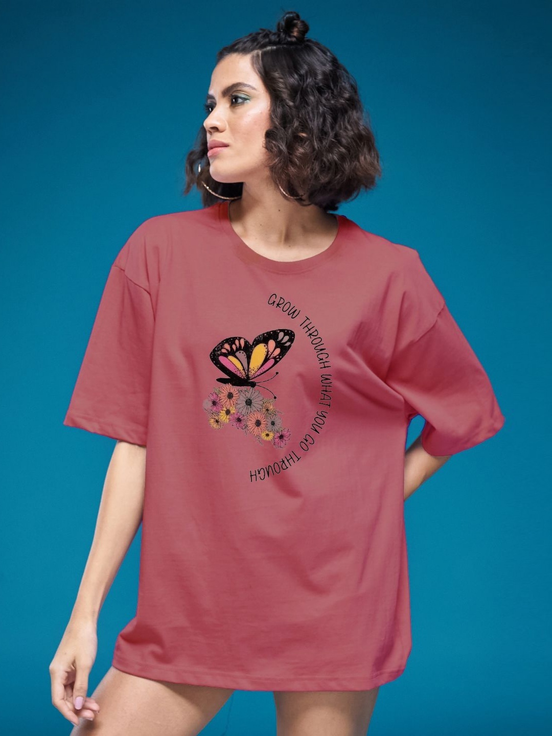 

SMARTEES Women Graphic Printed Round Neck Cotton Oversized T-shirt, Pink