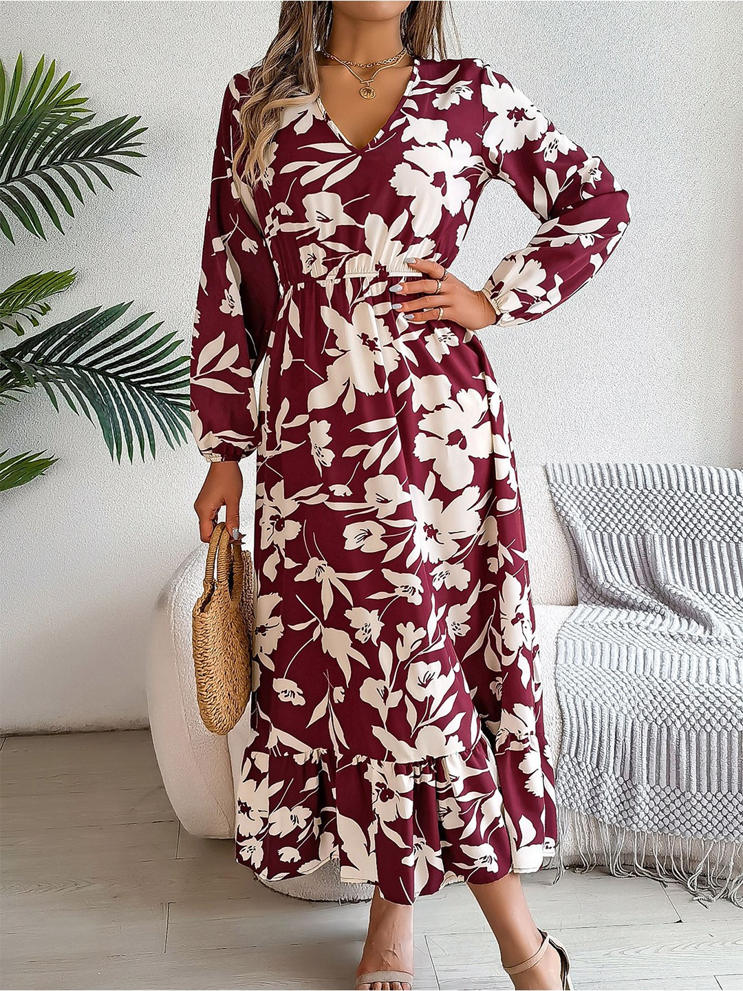 

StyleCast x Revolte Floral Printed V-Neck Georgette Fit & Flare Midi Dress, Maroon