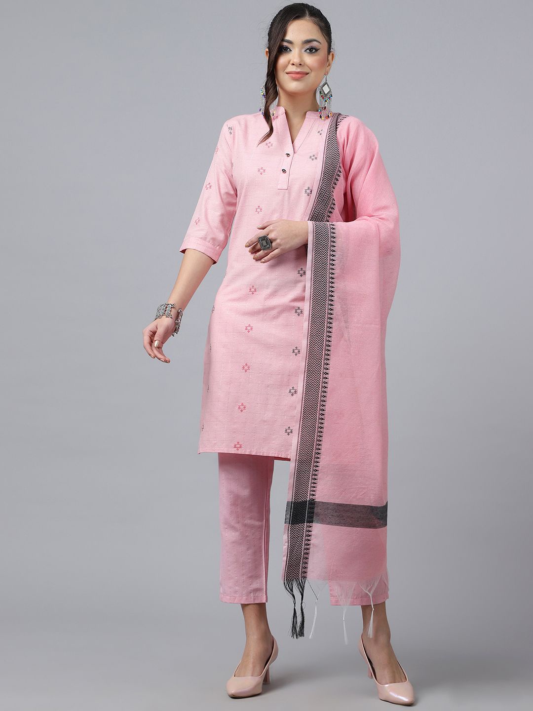 

Anushil Geometric Woven Mandarin Collar Straight Kurta With Trousers And Dupatta, Pink
