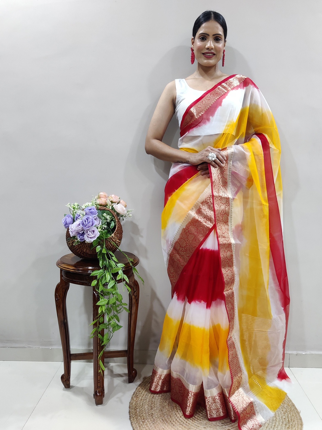 

bansari textiles Tie and Dye Zari Organza Kota Saree, Pink