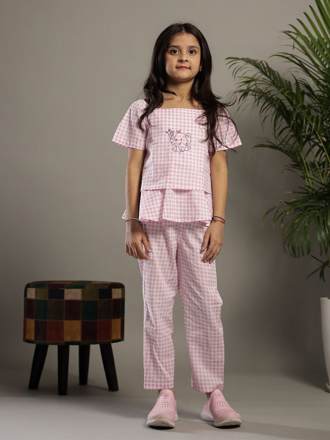 

SANSKRUTIHOMES Checks Printed Cotton Top with Trouser, Lavender