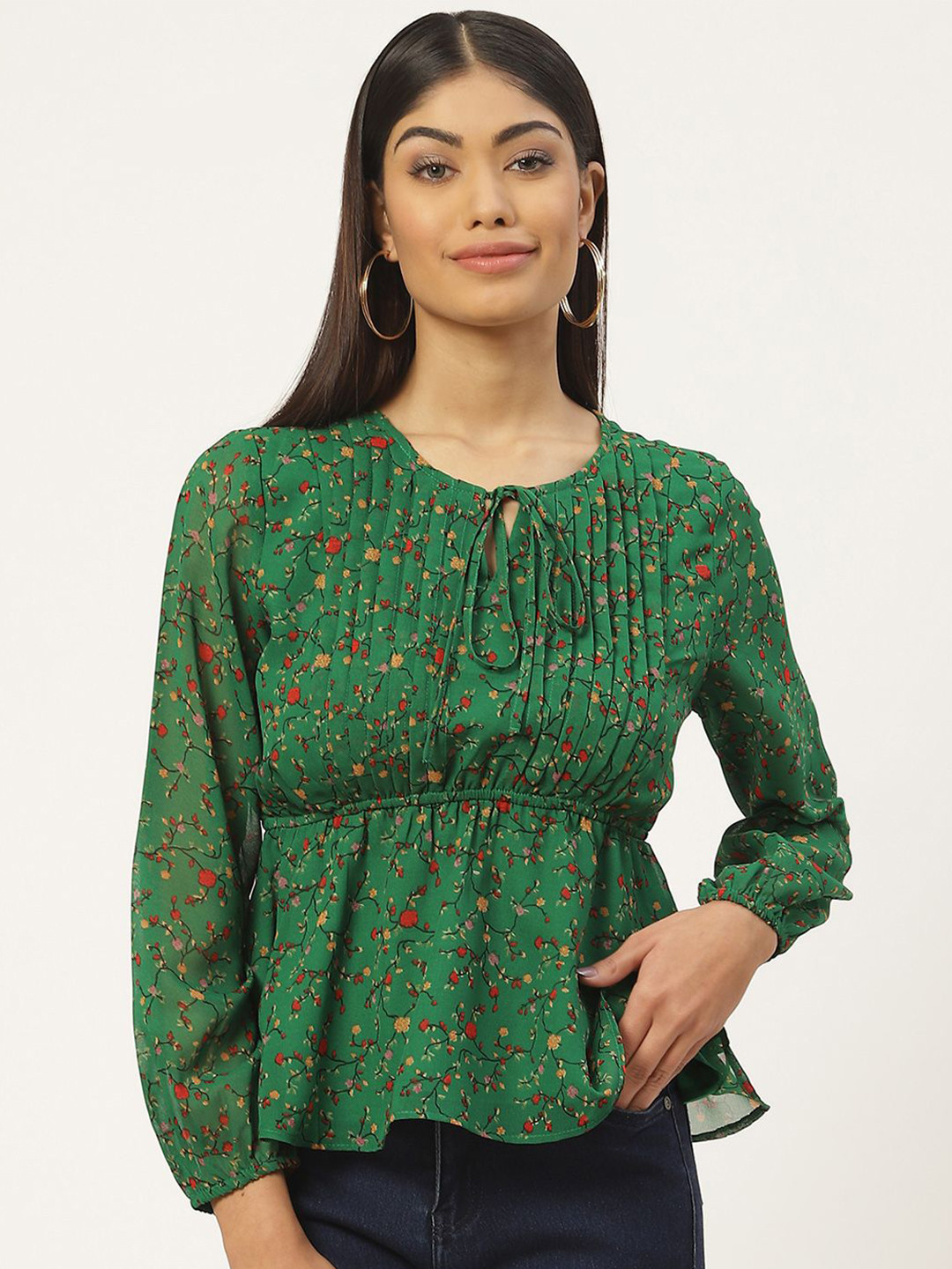 

Moda Rapido Women Floral Printed Tie-Up Neck Peplum Top, Green
