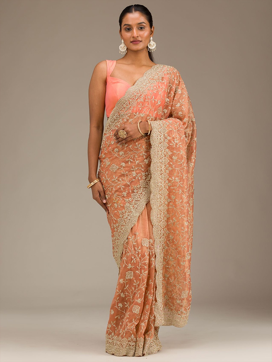 

Koskii Ethnic Motifs Sequinned Tissue Saree, Rust