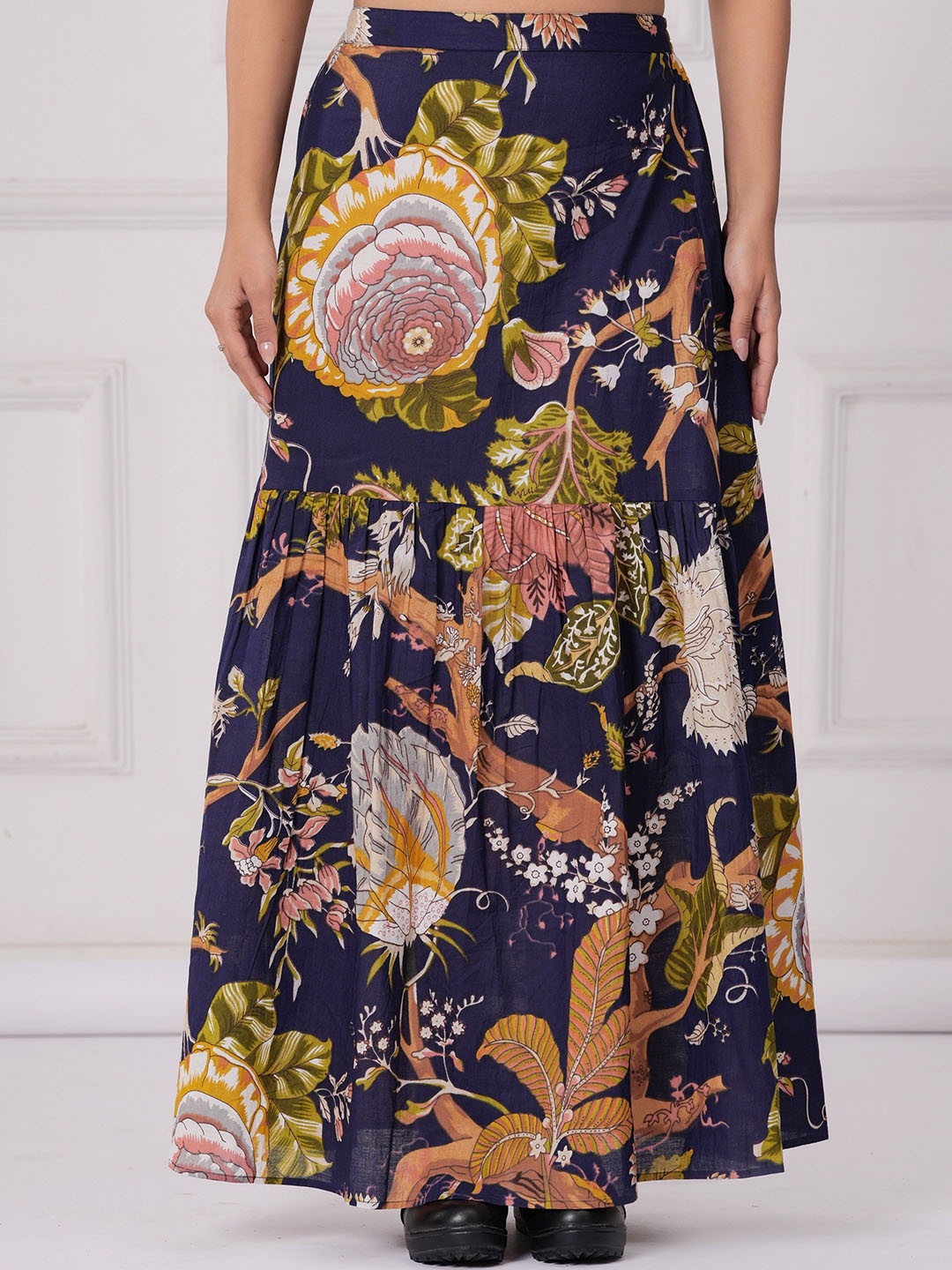 

UT Venero Women Printed Pure Cotton Flared Maxi Skirt, Navy blue