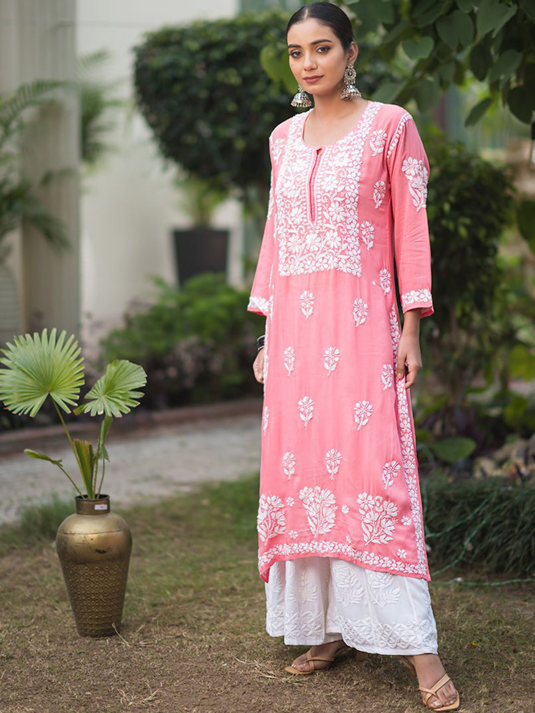 

Rangreza Ethnic Women Floral Embroidered Zarah Chikankari Straight Kurta, Coral