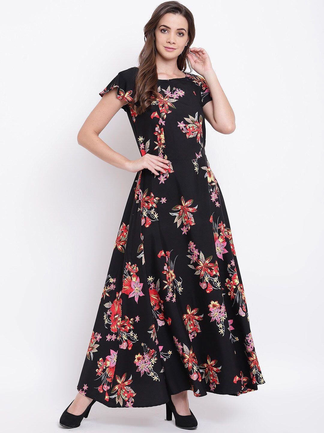 

DressBerry Women Floral Printed Maxi Fit and Flare Dress, Black