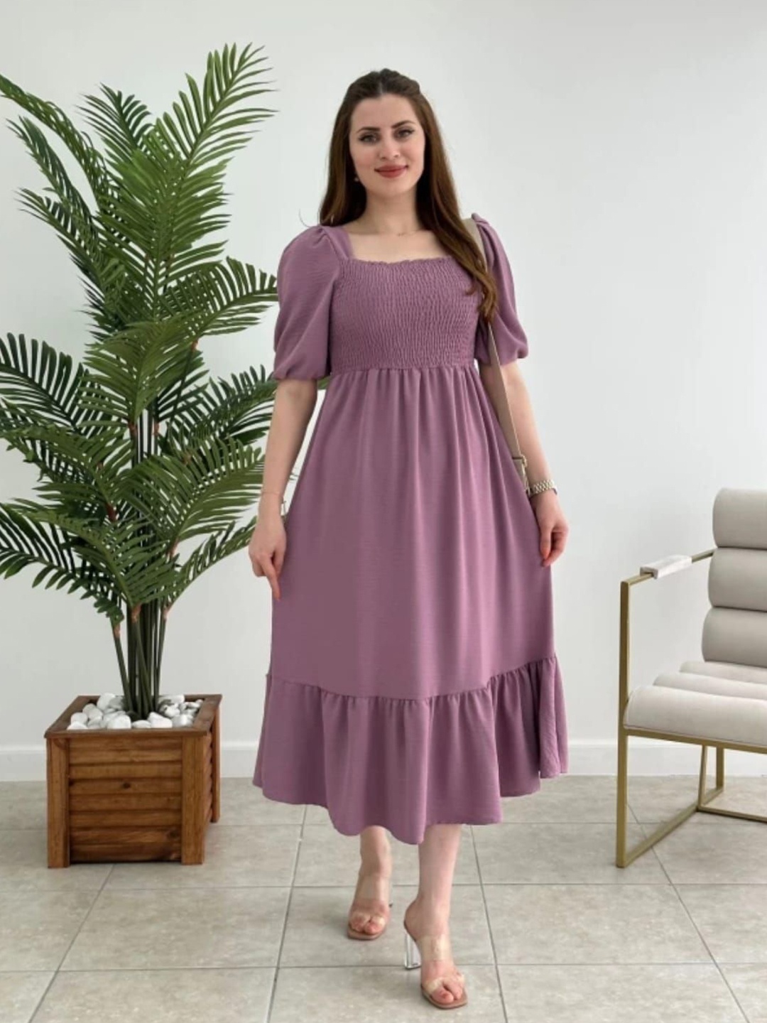 

CROWN CREATION Puff Sleeve Ruffled Crepe Fit & Flare Maxi Dress, Purple