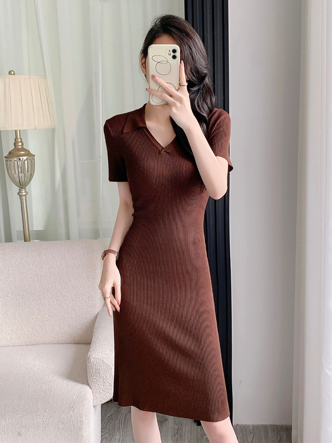 

StyleCast x Revolte Women Shirt Collar Ribbed T-shirt Dress, Brown