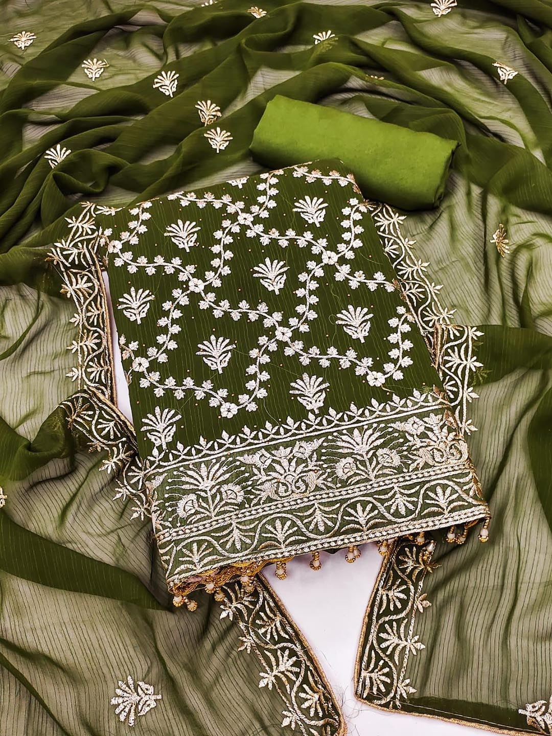 

SWARNGANGA TEX Floral Embroidered Beads And Stones Unstitched Dress Material, Green