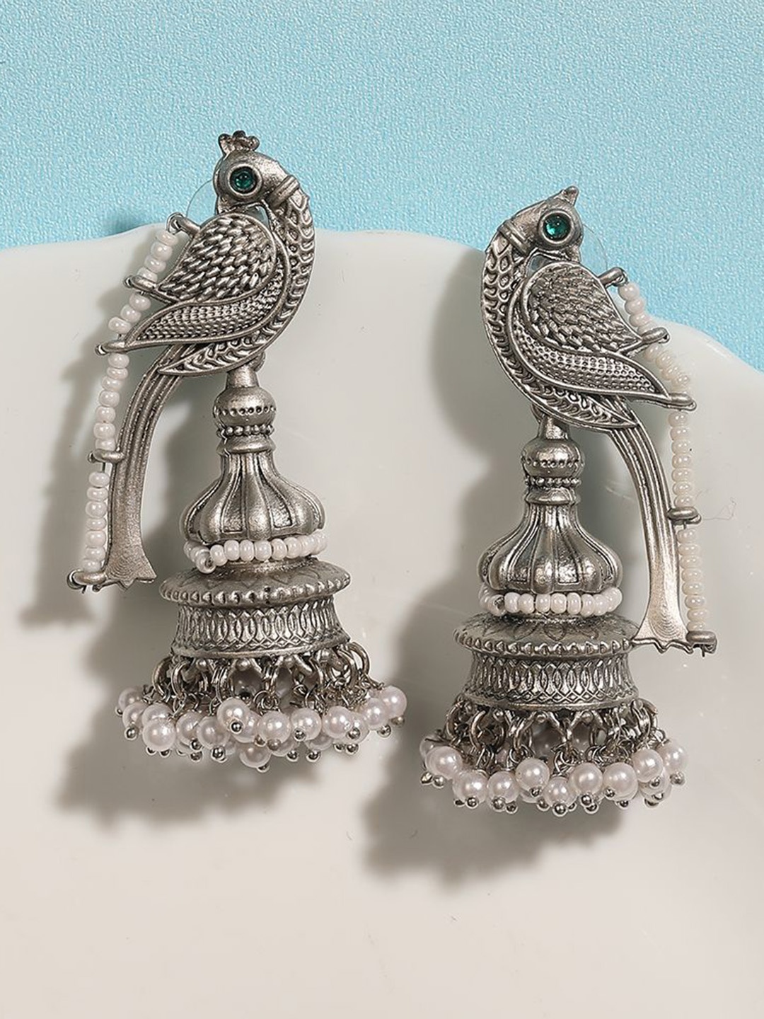 

Anouk Oxidised Silver-Toned Pearls Artificial Beaded Peacock Shaped Drop Earrings