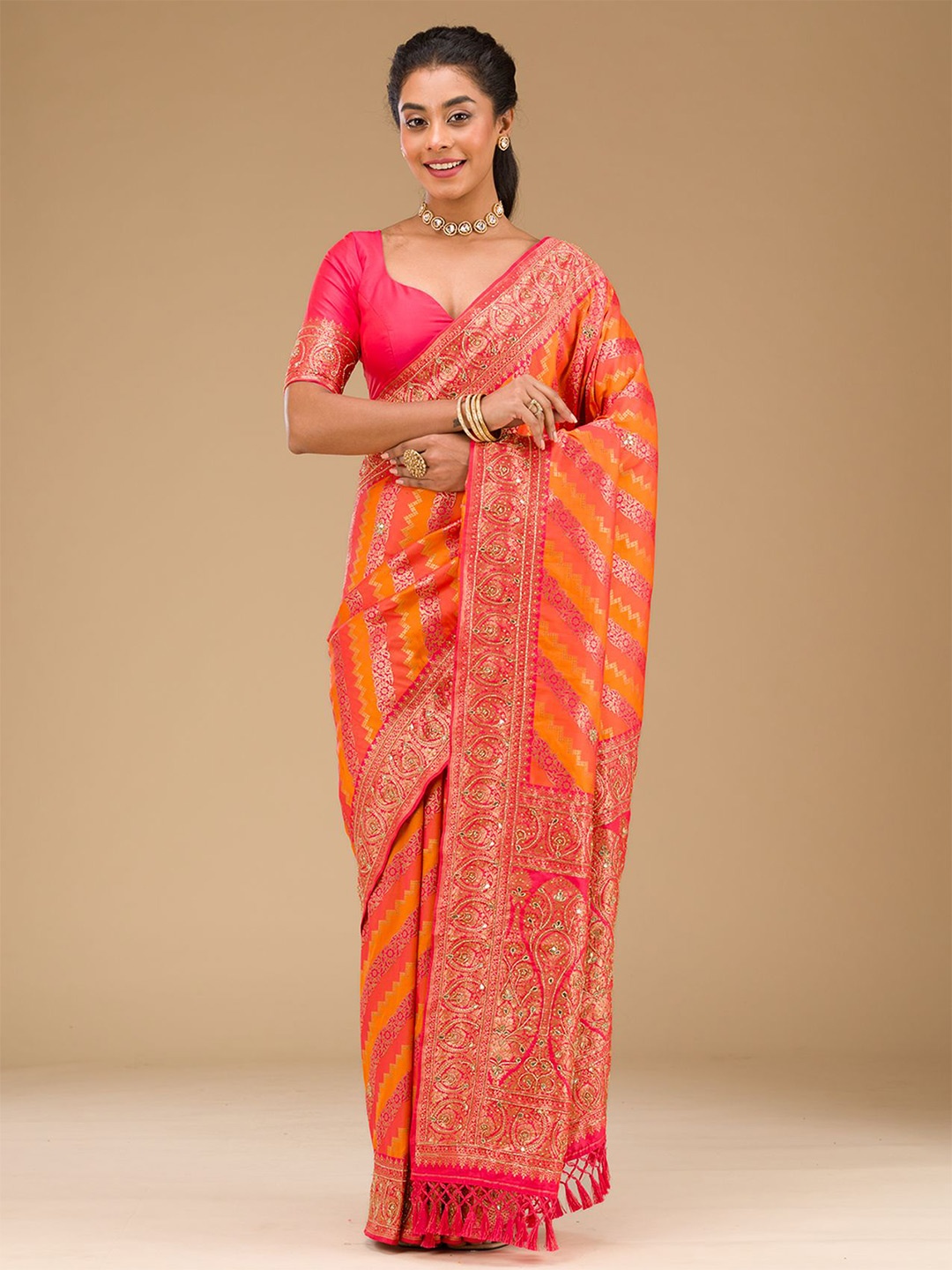 

Koskii Orange Cutdana Art Silk Saree