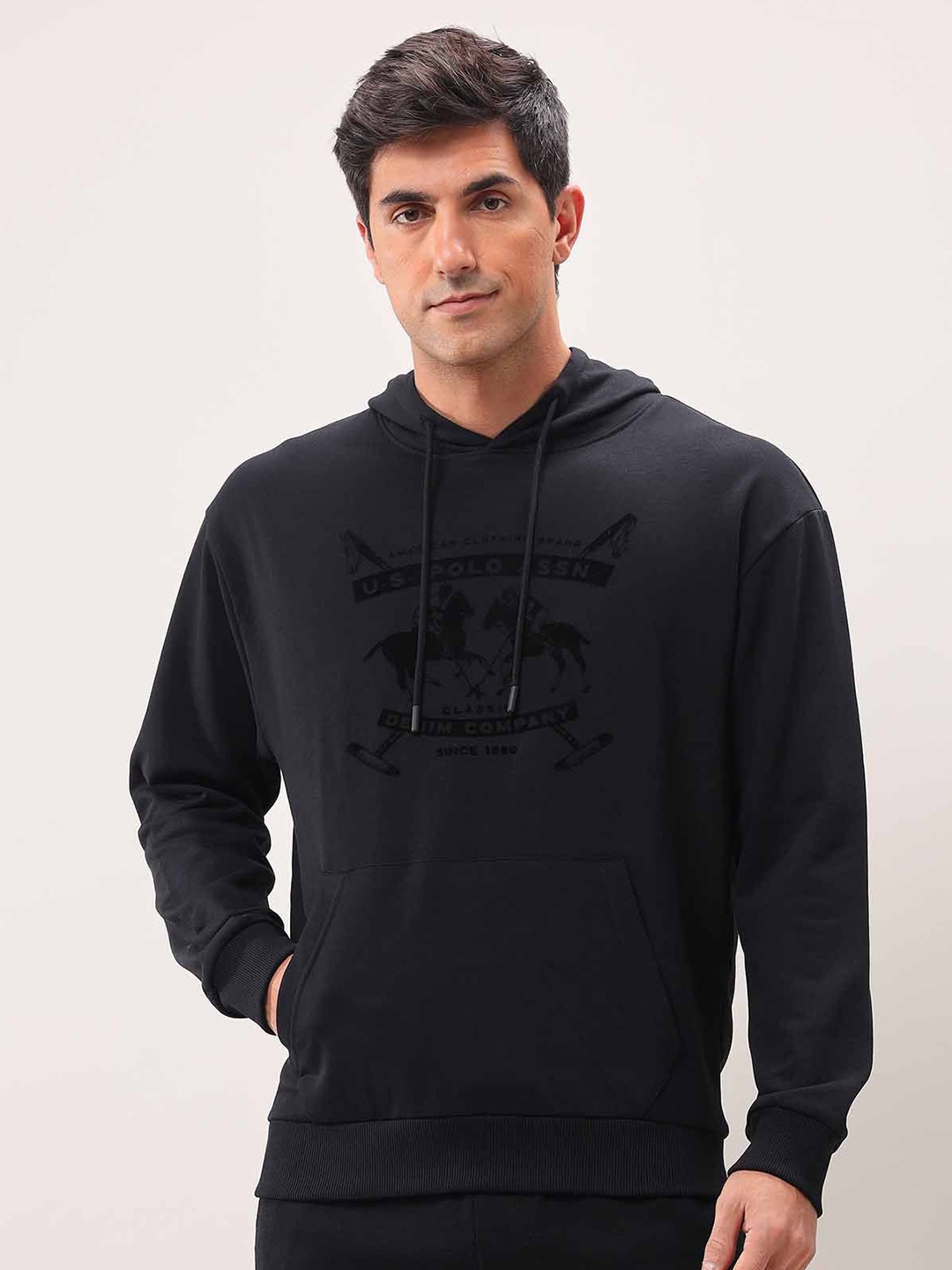

U.S. Polo Assn. Denim Co. Men Brand Logo Printed Hooded Pullover Sweatshirt, Black