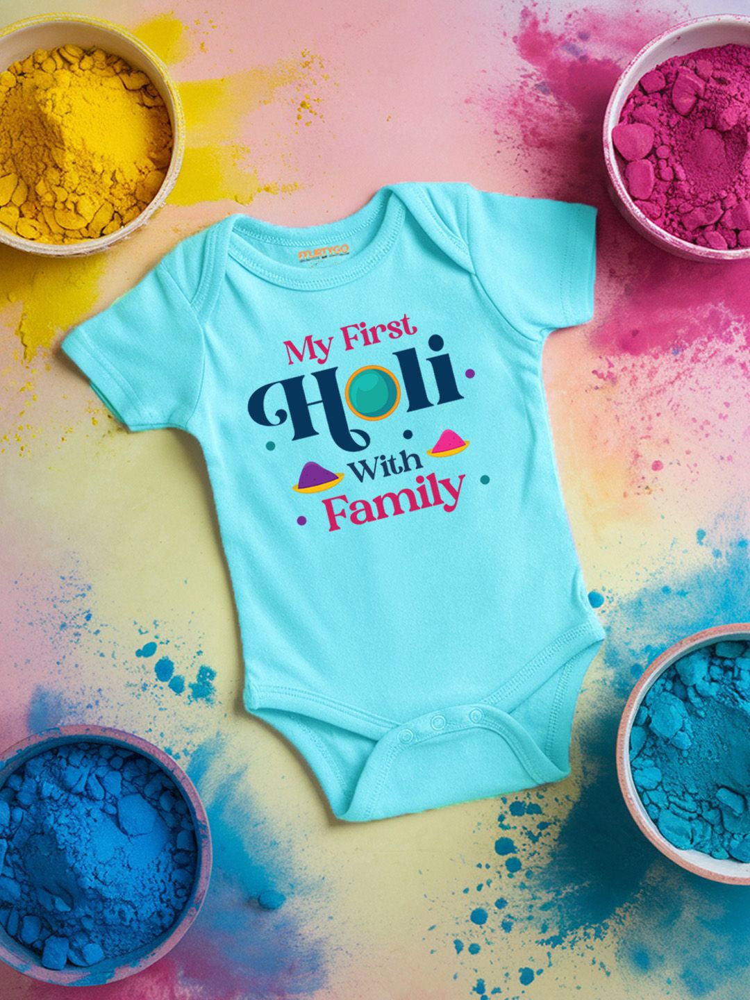 

FFLIRTYGO Infants Holi Printed Cotton Bodysuit, Turquoise blue