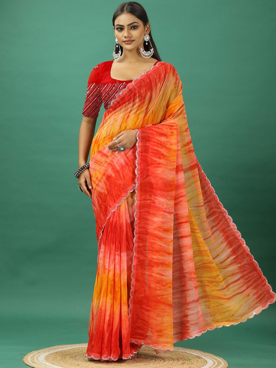 

A.V.M. SILK MILLS Tie and Dye Pure Georgette Saree, Yellow