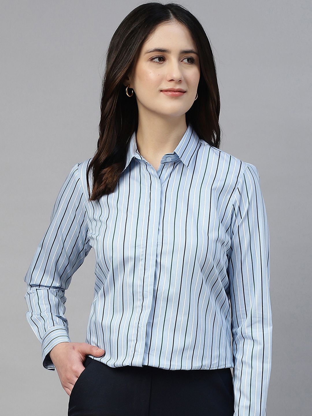 

Hancock Women Classic Fit Spread Collar Vertical Striped Cotton Formal Shirt, Blue
