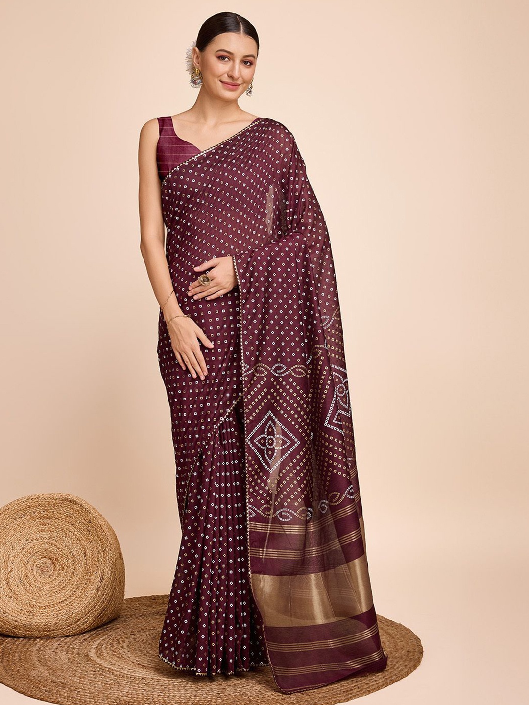 

bansari textiles Bandhani Gotta Patti Kanjeevaram Saree, Maroon