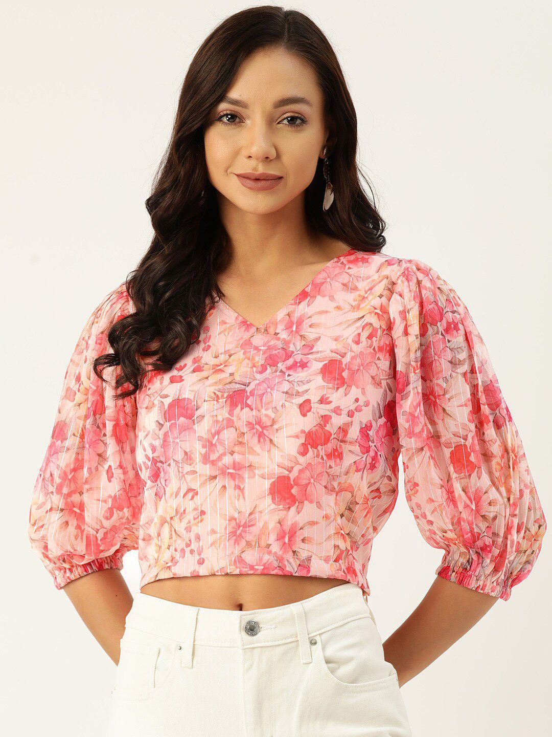 

DressBerry Floral Print Puff Sleeve Georgette Crop Top, Pink
