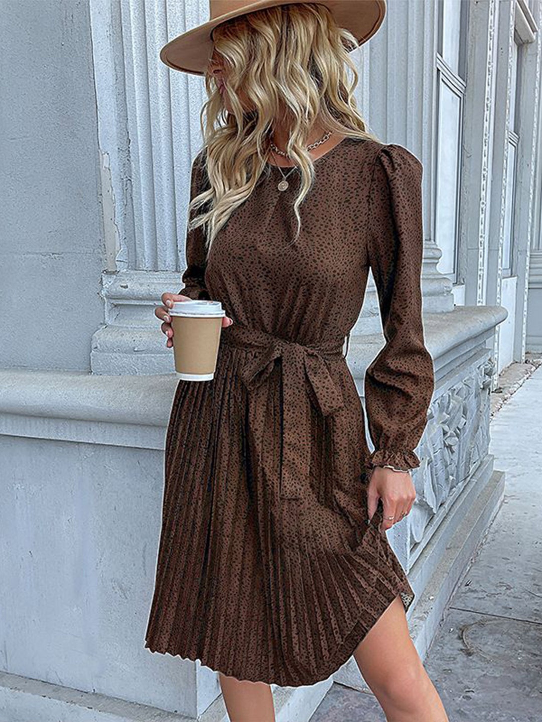 

StyleCast Women A-Line Mini Dress Comes with a belt, Brown