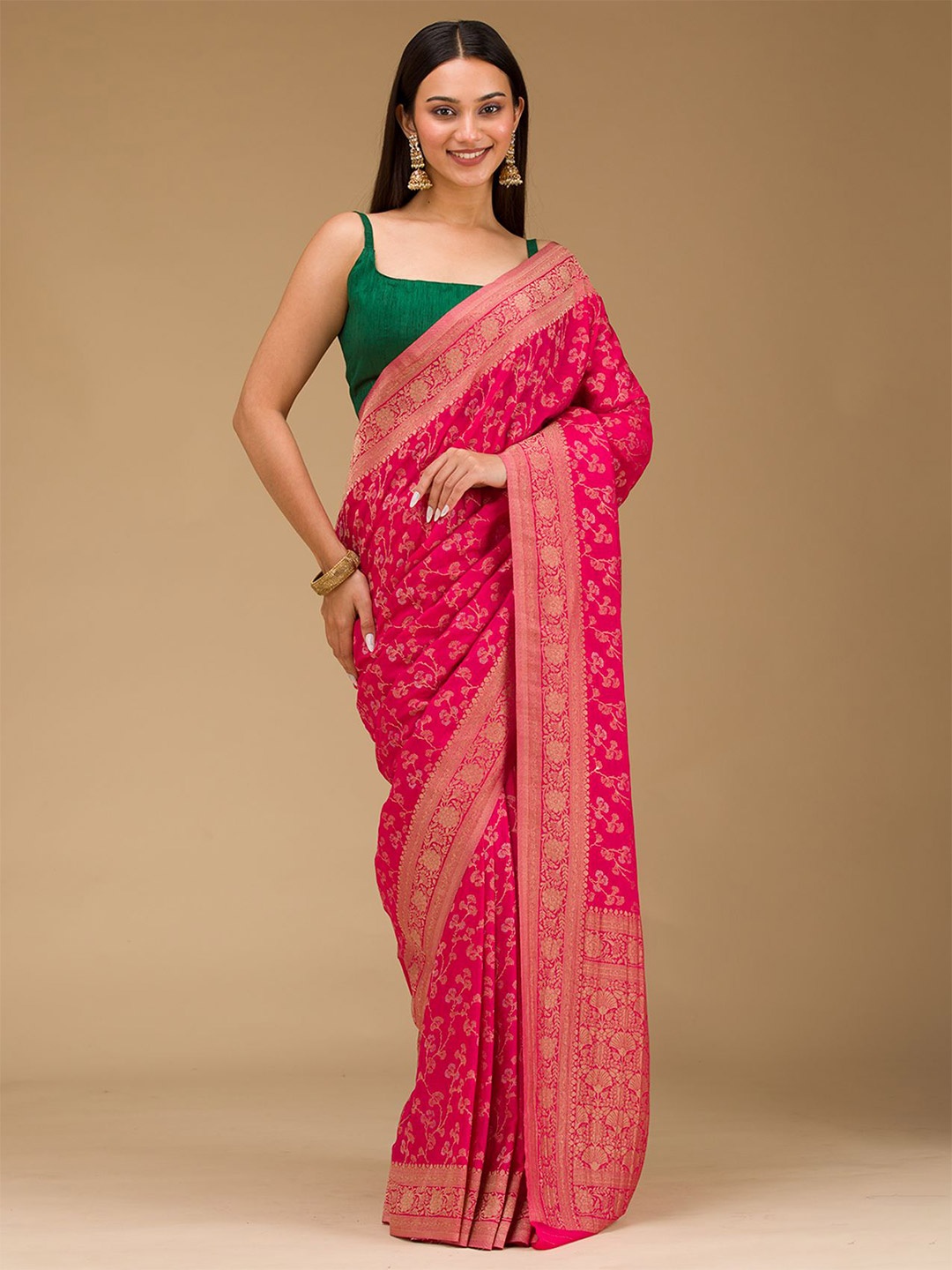 

Koskii Woven Design Zari Poly Georgette Saree, Pink