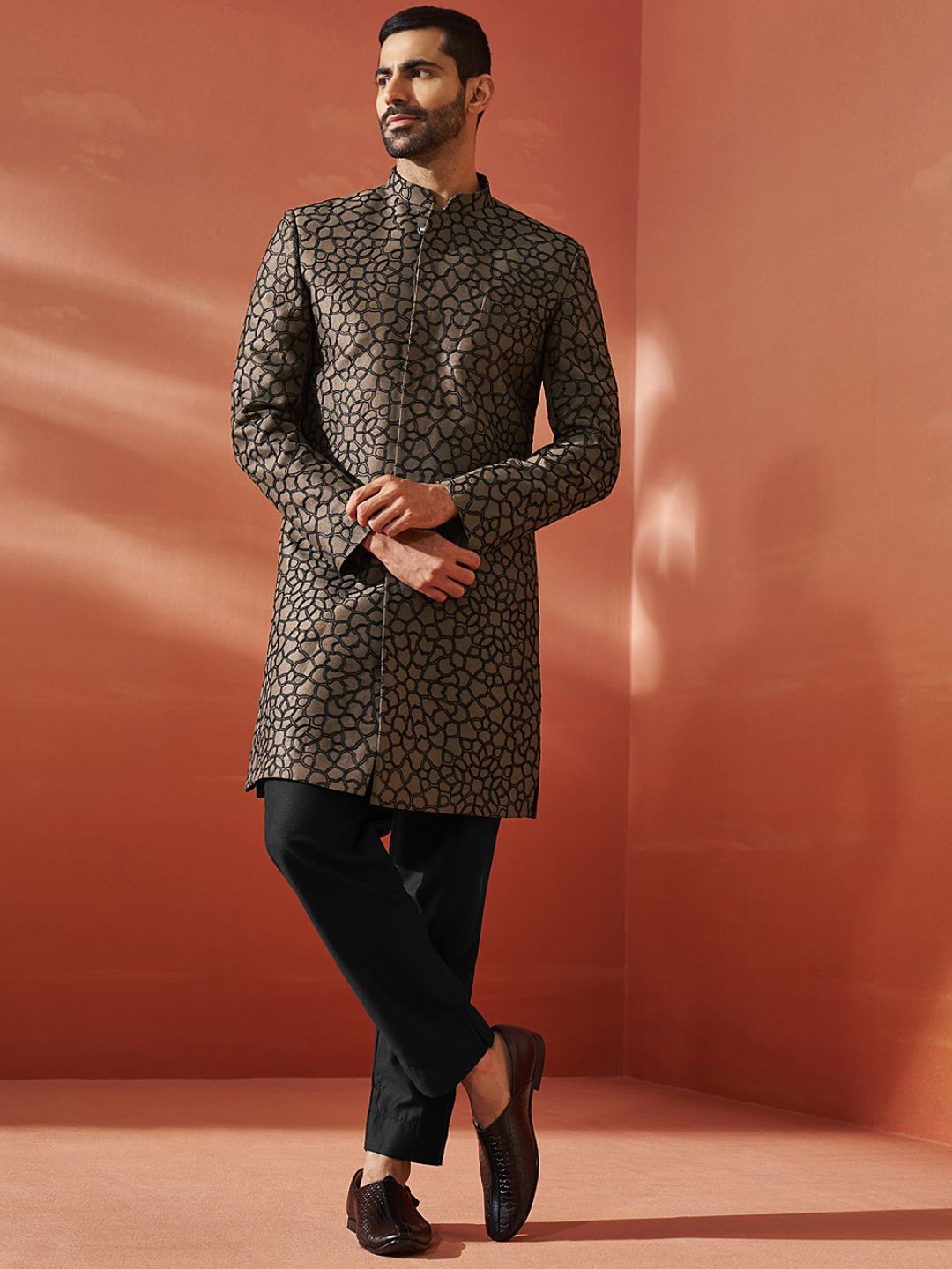 

Vastramay Men Embroidered Slim-Fit Two Piece Suits with Pyjama Set, Coffee brown