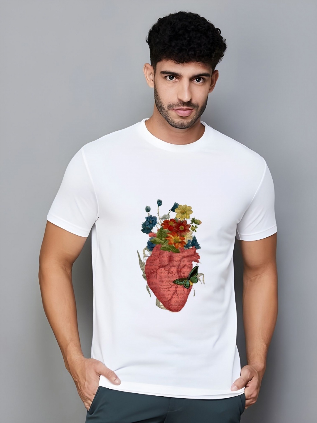 

Krimmple Men Floral Printed Round Neck Cotton T-shirt, White