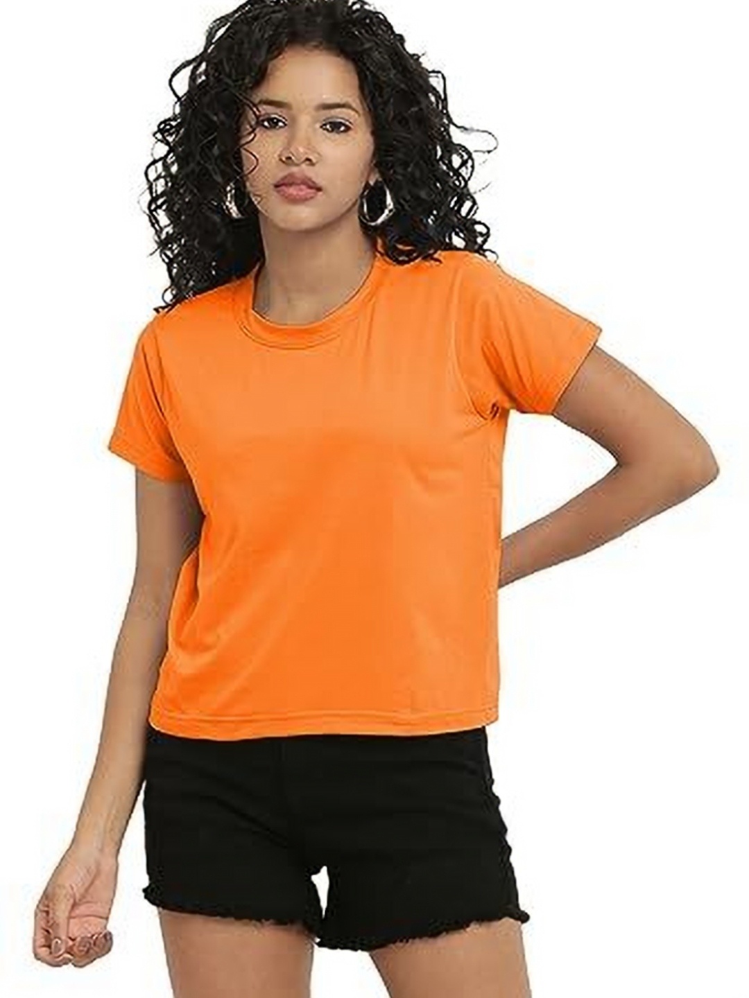 

NOTWILD Women Solid Round Neck Cotton T-shirt, Orange