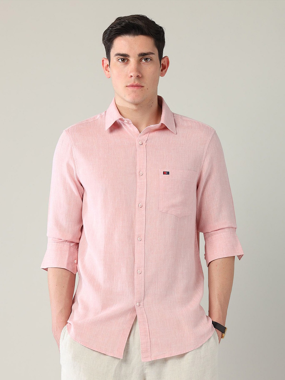 

AD By Arvind Men Slim Fit Spread Collar Solid Cotton Casual Shirt, Pink