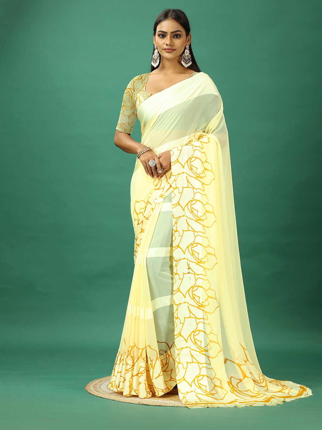 

NIRMAL CREATION Floral Printed Satin Saree, Yellow