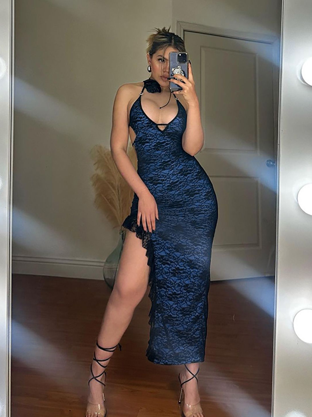 

StyleCast x Revolte Women Halter Neck Sleeveless Bodycon Midi Dress with Ruffles Details, Blue
