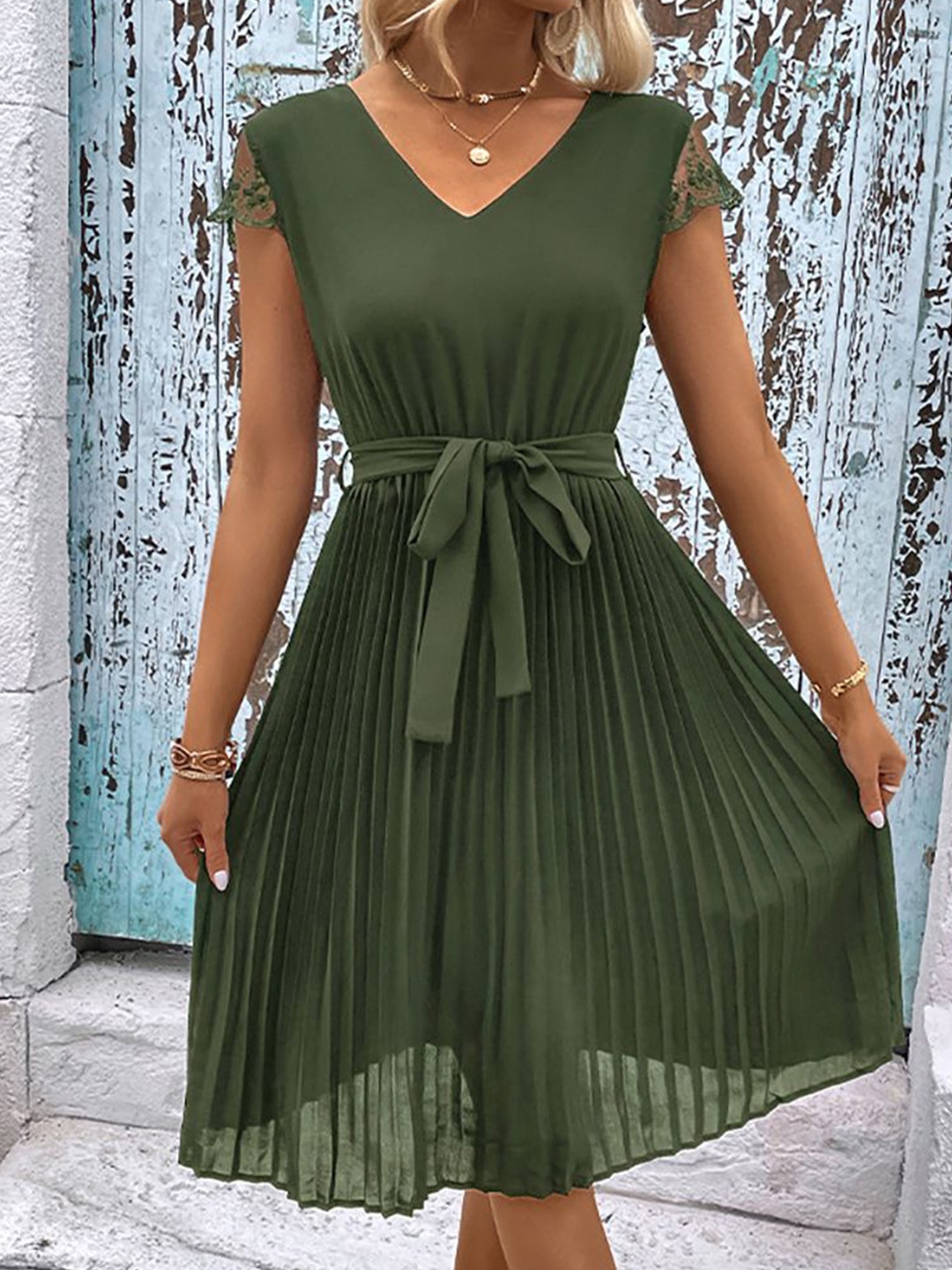 

StyleCast x Revolte Women V-Neck Fit and Flare Knee Length Dress, Green