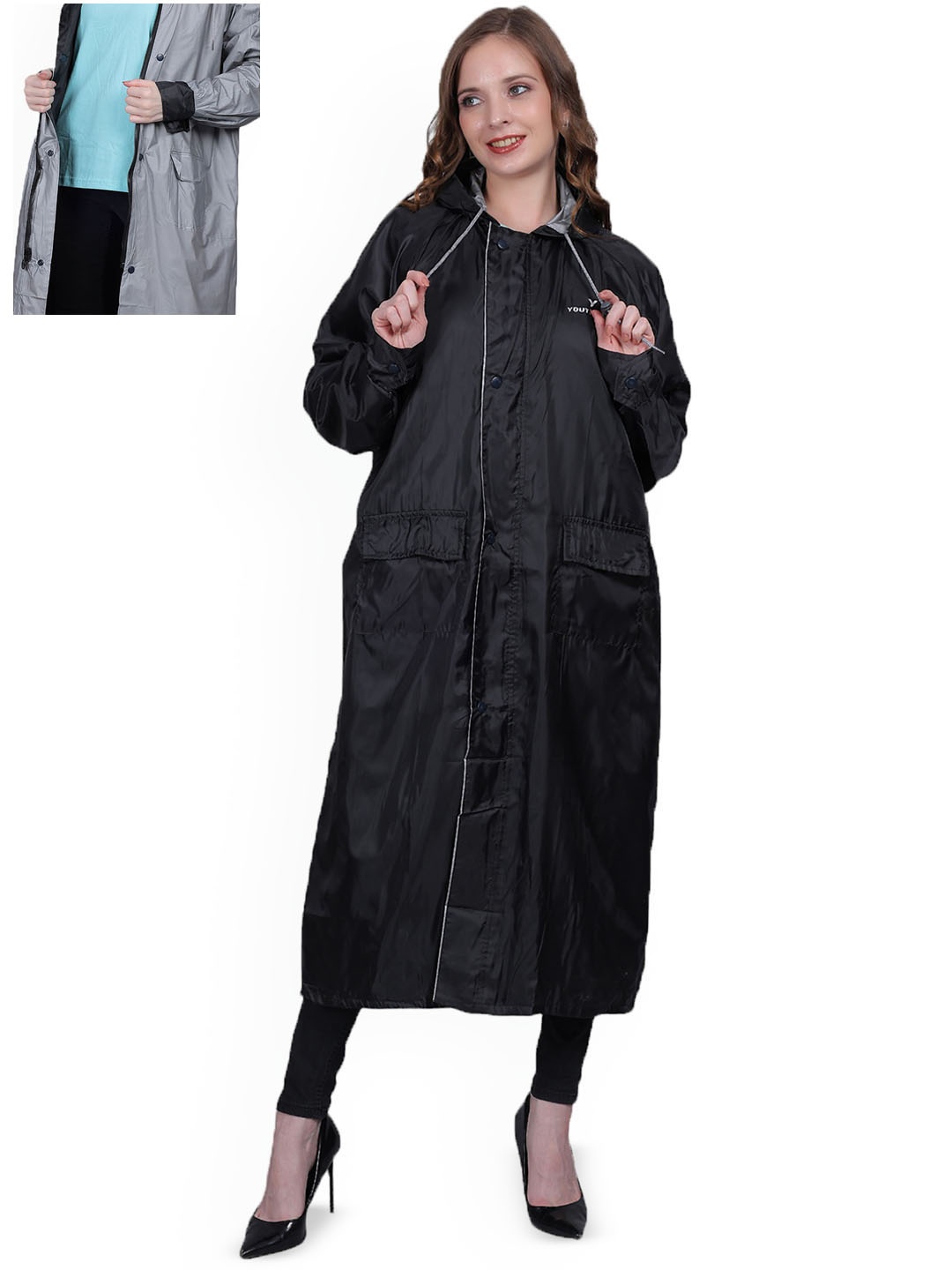 

YOUTH ROBE Women Hooded Reversible Raincoat, Black