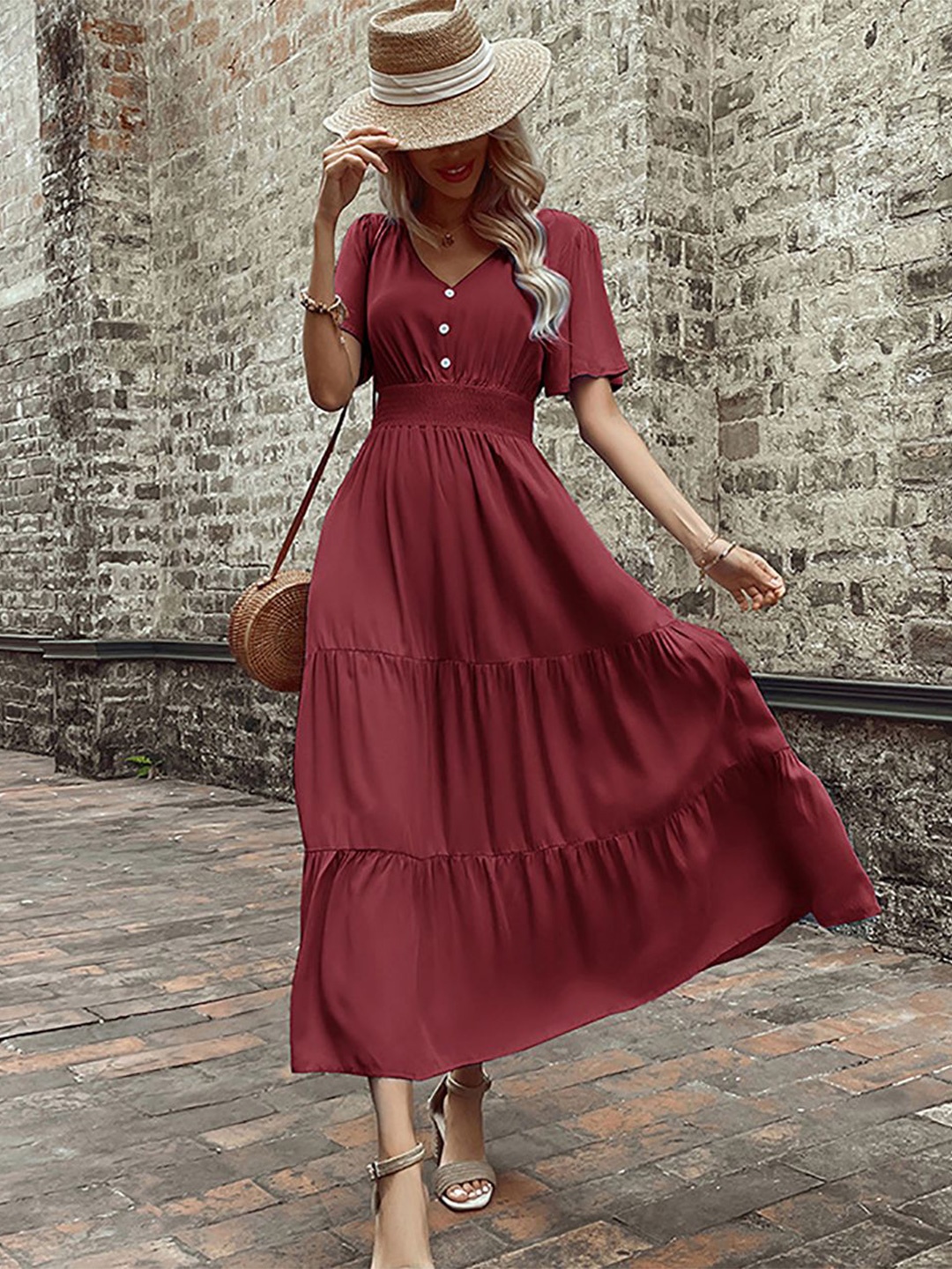 

StyleCast x Revolte Women Smocked Tiered A-Line Midi Dress, Maroon