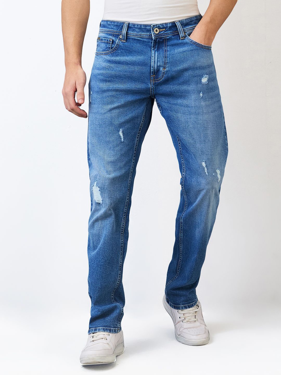 

SPYKAR Men Comfort Fit Mid Rise Whiskers and Chevrons Cotton Mildly Distressed Jeans, Blue