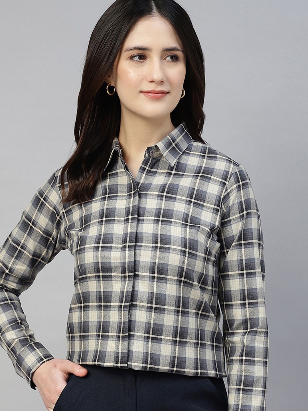 

Hancock Women Classic Fit Spread Collar Windowpane Checked Cotton Formal Shirt, Blue